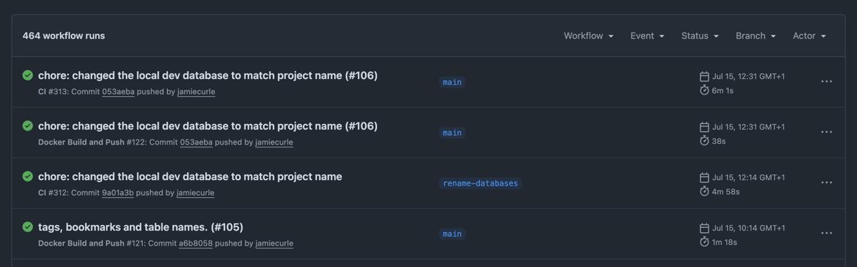 Screenshot of Github actions